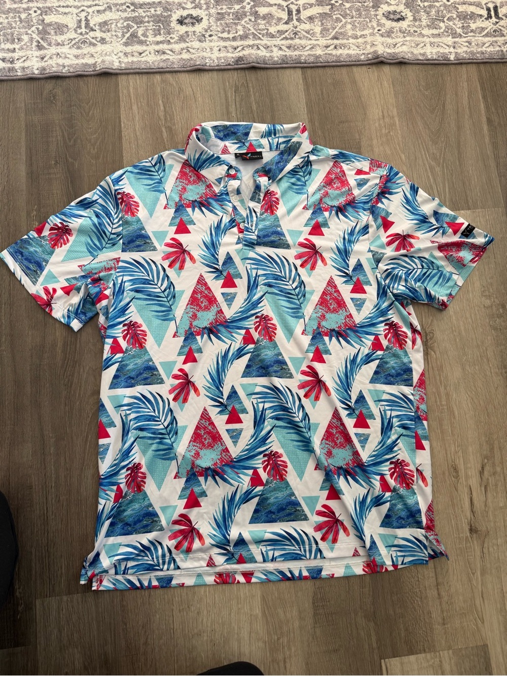 Men's Tropical Print Polo golf Shirt - Blue & Red Palm
